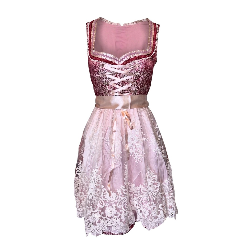 New XS Burgundy Pink Lace Oktoberfest Dirndl Dress German Bavarian Floral